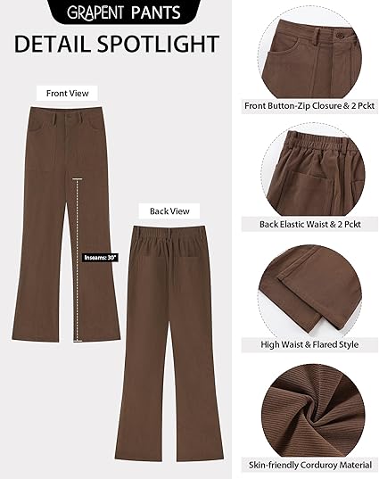 GRAPENT Corduroy Pants for Women Flare High Waisted Fall Winter Elastic Waist Stretchy Work Casual Trendy Wide Leg Pants