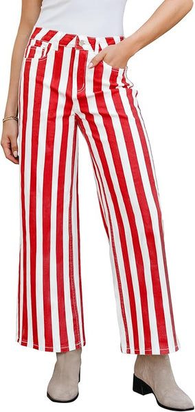 GRAPENT Women Jeans Striped Wide Leg High Waisted Trendy Stretchy Denim Pants Cute Casual Trouser Jeans with Pockets