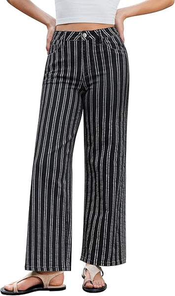 GRAPENT Striped Jeans for Women Trendy High Waisted Wide Leg Dressy Casual Stretchy Denim Pants Trouser Jeans