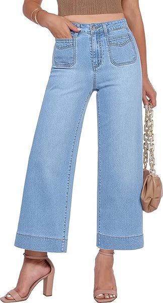 GRAPENT Cropped Jeans for Women Trendy 2026 Wide Leg High Waisted Patch Pocket Stretchy Denim Pants Short Trouser Jeans