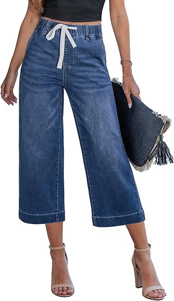 GRAPENT Capris Jeans for Women Trendy Wide Leg Capri Pants High Waisted Pull On Elastic Waist Summer Stretch Denim Jeans