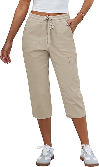 GRAPENT Capri Pants for Women Cargo Elastic Waist Pull On Drawstring Summer Casual Capris Cotton Chino Cropped Pants