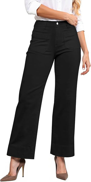 GRAPENT Wide Leg Jeans Woman Trendy High Waisted Patch Pocket Stretchy Denim Pants Vintage Casual Trouser Jeans