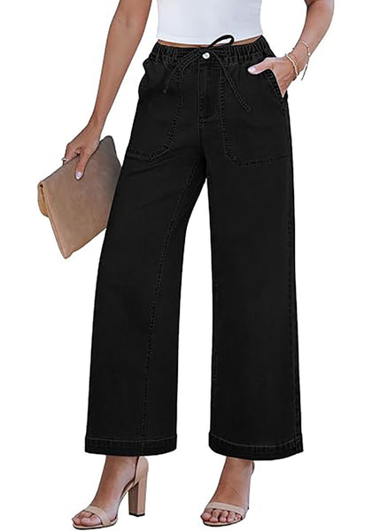 GRAPENT Wide Leg Jeans for Women Trendy High Waisted Drawstring Tie Elastic Waist Stretchy Denim Pants Trouser Jeans