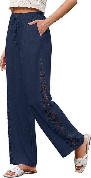 GRAPENT Linen Pants Women Wide Leg High Waisted Crochet Panel Pull On Elastic Waist Casual Summer Beach Vacation Pants