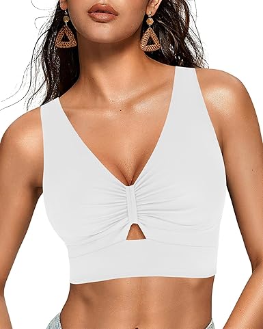GRAPENT StrapCore Bikini Tops for Women Cropped Tankini Tops Beach Ruched Knot Cut Out Padded Adjustable Swimwear Swim Top Only