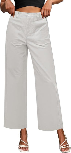GRAPENT Wide Leg Pants for Women Cropped Chino High Waisted Business Casual Elastic Waist Work Trouser Pants with Pocket