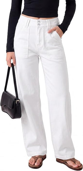 GRAPENT Straight Leg Jeans for Women High Waisted Dual Buttons Denim Pants Soft Stretchy Denim Jeans, Straight Wide Leg, High Rise Fit, Full Length, 29.5" Inseam, Big Pockets, Work Casual, Daily Wear