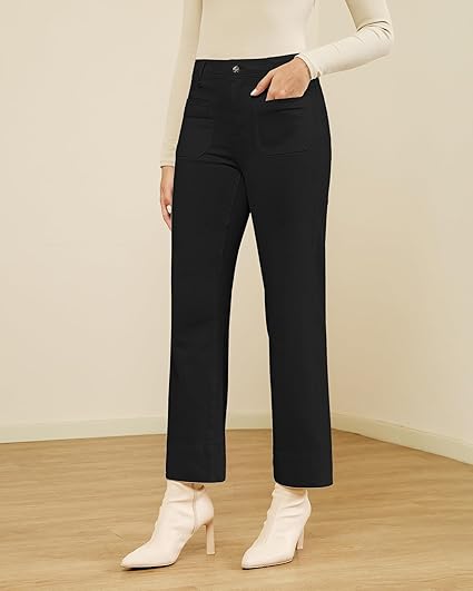 GRAPENT Wide Leg Jeans Woman Trendy High Waisted Patch Pocket Stretchy Denim Pants Vintage Casual Trouser Jeans