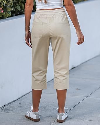 GRAPENT Capri Pants for Women Cargo Elastic Waist Pull On Drawstring Summer Casual Capris Cotton Chino Cropped Pants