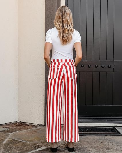 GRAPENT Women Jeans Striped Wide Leg High Waisted Trendy Stretchy Denim Pants Cute Casual Trouser Jeans with Pockets