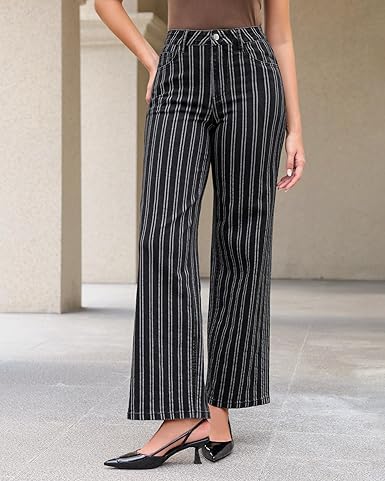 GRAPENT Striped Jeans for Women Trendy High Waisted Wide Leg Dressy Casual Stretchy Denim Pants Trouser Jeans