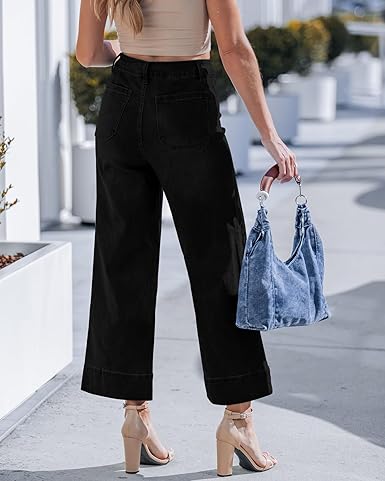 GRAPENT Wide Leg Jeans for Women Cropped Trendy High Waisted Welt Pocket Stretchy Denim Pants Distressed Trouser Jeans