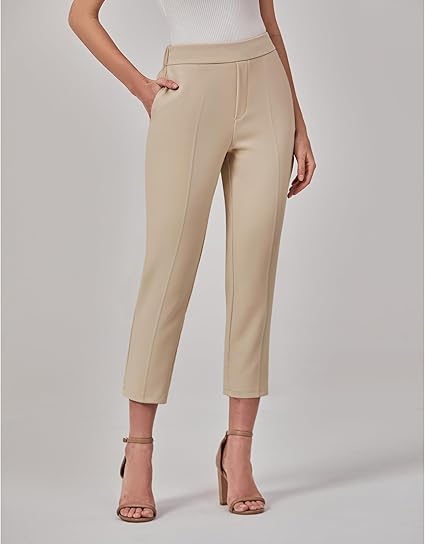 GRAPENT Capri Pants for Women High Waisted Pull On Dress Pants Slim Straight Leg Stretchy Waist Capris Trousers Pants