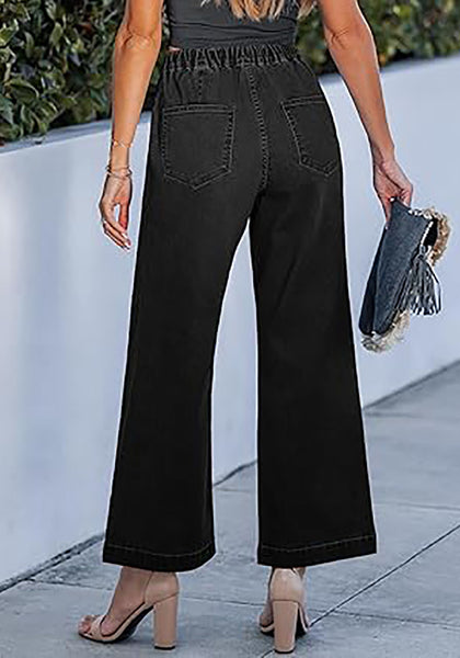 GRAPENT Wide Leg Jeans for Women Trendy High Waisted Drawstring Tie Elastic Waist Stretchy Denim Pants Trouser Jeans