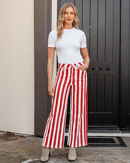 GRAPENT Women Jeans Striped Wide Leg High Waisted Trendy Stretchy Denim Pants Cute Casual Trouser Jeans with Pockets
