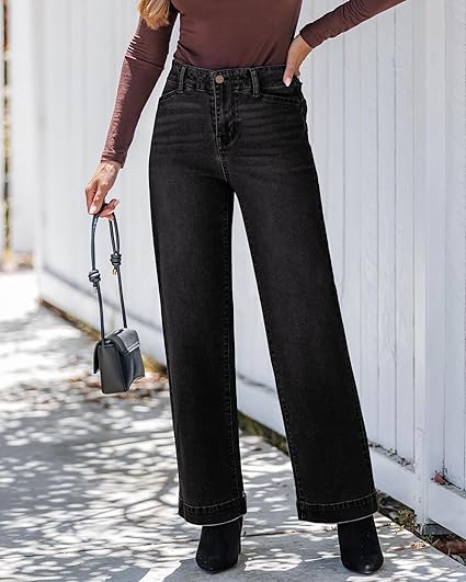 GRAPENT Wide Leg Jeans Woman High Waisted Trendy Stretchy Denim Pants Classic Trouser Jeans with Slash Pockets