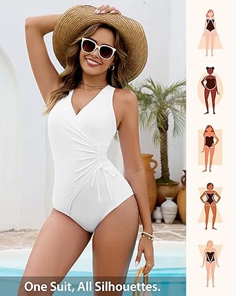 GRAPENT StrapCore One Piece Swimsuit Women V Neck Side Ruched Padded Cute Modest Bathing Suits Swimsuits Beach Vacation Swimwear