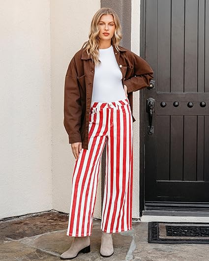 GRAPENT Women Jeans Striped Wide Leg High Waisted Trendy Stretchy Denim Pants Cute Casual Trouser Jeans with Pockets