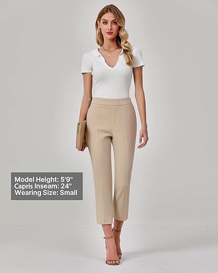 GRAPENT Capri Pants for Women High Waisted Pull On Dress Pants Slim Straight Leg Stretchy Waist Capris Trousers Pants