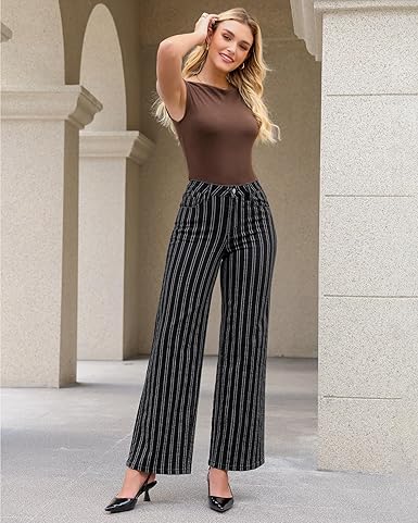 GRAPENT Striped Jeans for Women Trendy High Waisted Wide Leg Dressy Casual Stretchy Denim Pants Trouser Jeans