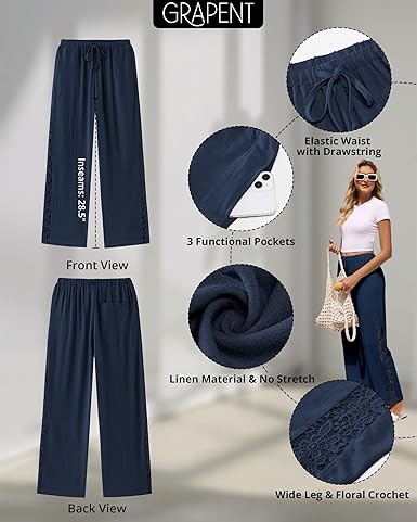 GRAPENT Linen Pants Women Wide Leg High Waisted Crochet Panel Pull On Elastic Waist Casual Summer Beach Vacation Pants