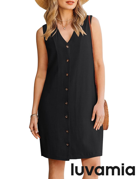 GPAPENT Linen Dresses for Women Summer Casual Sleeveless Button Down V Neck Pocket Self Tie Knee Length Loose Sun Dress