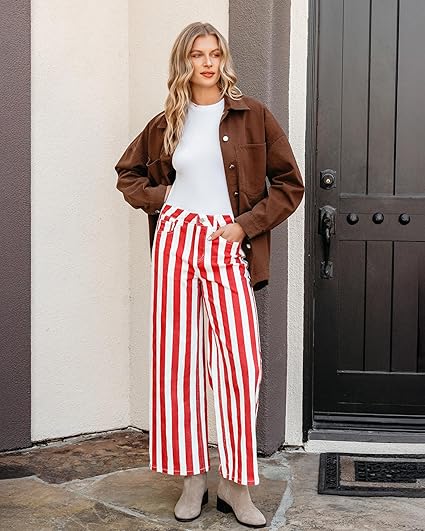 GRAPENT Women Jeans Striped Wide Leg High Waisted Trendy Stretchy Denim Pants Cute Casual Trouser Jeans with Pockets