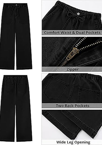 GRAPENT Wide Leg Jeans for Women Trendy High Waisted Drawstring Tie Elastic Waist Stretchy Denim Pants Trouser Jeans