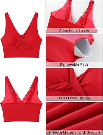 GRAPENT StrapCore Bikini Top for Women Cropped Tankini Tops Beach Vacation Criss Cross Ruched Padded Bathing Suit Swim Top Only