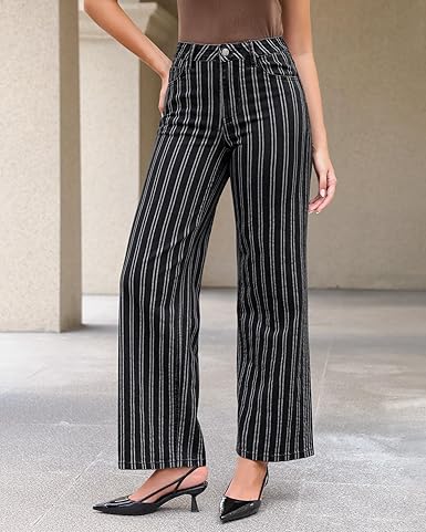GRAPENT Striped Jeans for Women Trendy High Waisted Wide Leg Dressy Casual Stretchy Denim Pants Trouser Jeans