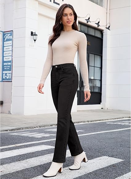 GRAPENT Straight Leg Jeans for Women Trendy High Waisted Classic Stretchy Denim Pants Casual Trouser Jeans with Pockets