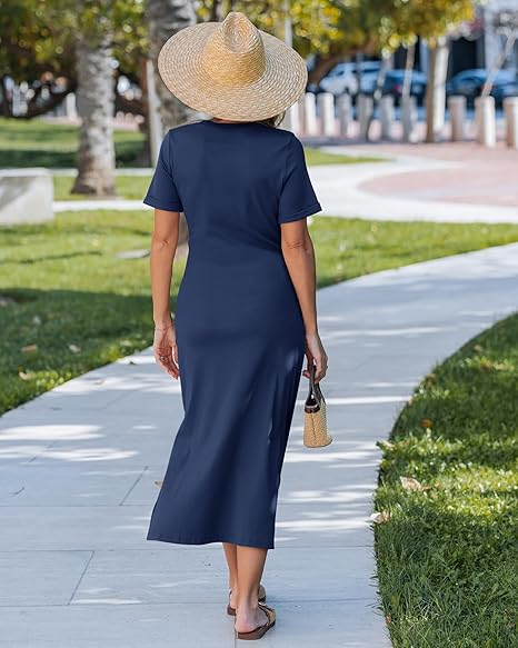 GRAPENT Long Dresses for Women Casual Summer Side Split Beach Vacation Short Sleeve Self Tie 2026 Comfy Tshirt Dress