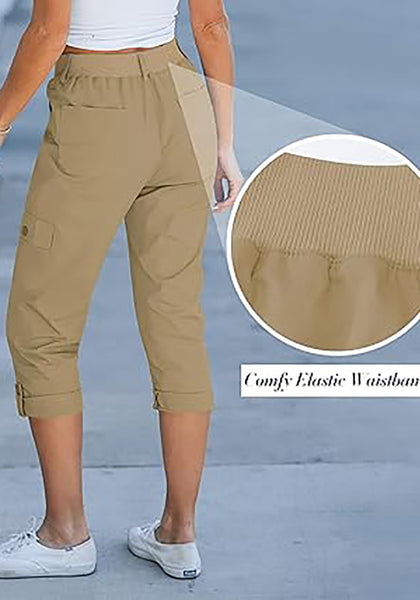 GRAPENT Cargo Capri Pants for Women High Waisted Relaxed Fit Elastic Knit Waist Casual Capris Trousers Cropped Pants