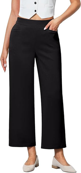 GRAPENT Cropped Pants for Women Trendy Business Casual High Waisted Pull On Wide Leg Stretchy Dress Pants with Pockets