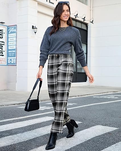 GRAPENT Plaid Pants for Women Wide Leg High Waisted Tartan Work Business Casual Elastic Waist Trousers Pants with Pocket