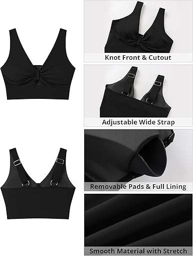 GRAPENT StrapCore Bikini Tops for Women Cropped Tankini Tops Beach Ruched Knot Cut Out Padded Adjustable Swimwear Swim Top Only