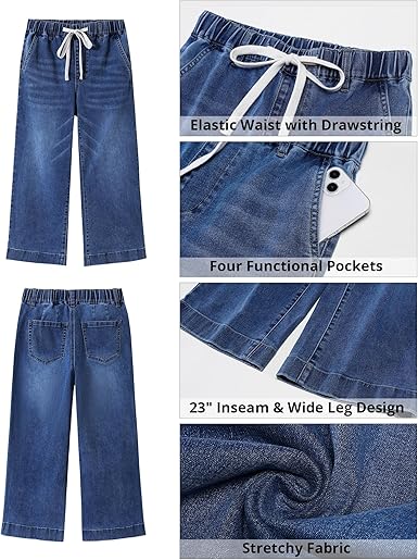 GRAPENT Capris Jeans for Women Trendy Wide Leg Capri Pants High Waisted Pull On Elastic Waist Summer Stretch Denim Jeans