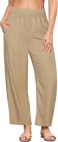 GRAPENT Linen Pants Women Wide Leg High Waisted Cropped Barrel Pull On Smocked Elastic Waist Summer Pants with Pockets