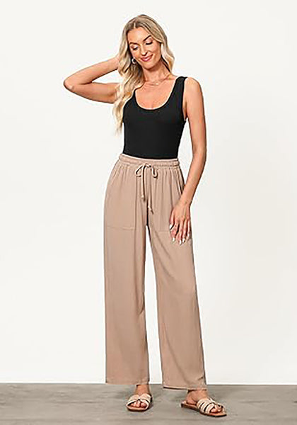 GRAPENT Linen Pants for Women Wide Leg High Waisted Baggy Drawstring Elastic Waist Palazzo Trousers Pants with Pockets