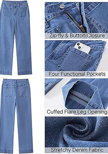 GRAPENT Women's Full Length Stretch Denim Regular Jeans High Waisted Bell Bottom