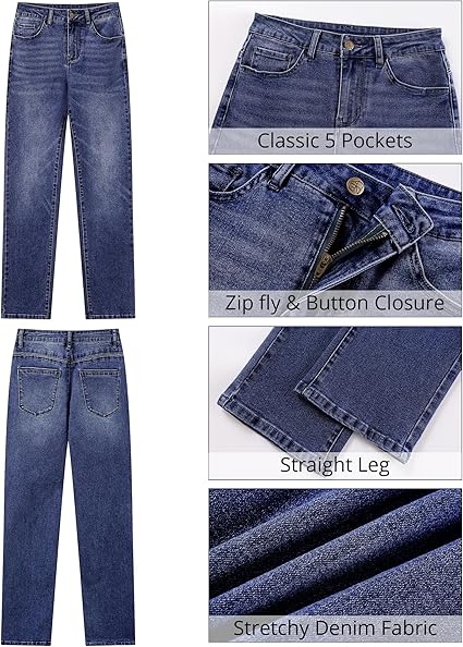GRAPENT Straight Leg Jeans for Women Trendy High Waisted Classic Stretchy Denim Pants Casual Trouser Jeans with Pockets
