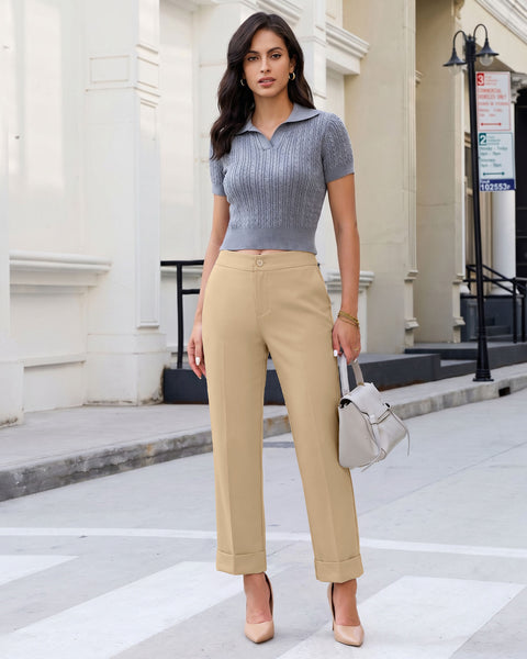 GRAPENT Dress Pants Women Ankle Straight Leg Business Casual Work Trousers Office Pants, Cuffed Hem, High Waisted, Elastic Back Waist, Stretchy Dressy Casual Slacks, Work Wear, Business Casual Outfits