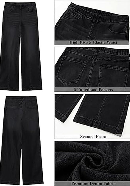 GRAPENT Pull On Womens Jeans Baggy Stretchy High Waisted Denim Wide Leg Trouser Pants Trendy Front Seam 90s Loose Jean