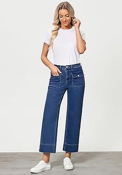 GRAPENT Wide Leg Jeans for Women Trendy High Waisted Straight Leg Cropped Stretchy Denim Pants with Retro Patch Pockets