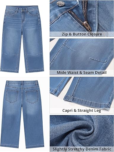GRAPENT Capri Jeans for Women Mid Rise Straight Leg Casual Relaxed Fit Summer Cropped Stretchy Denim Capris Pants