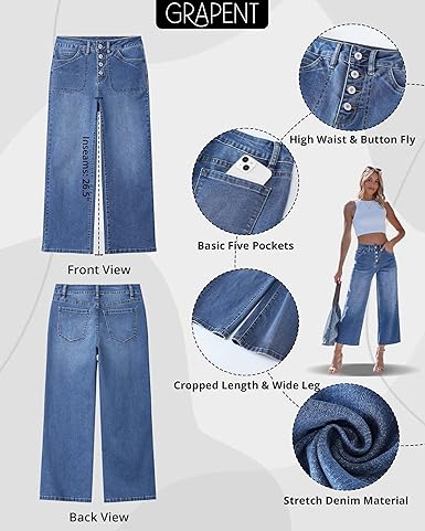GRAPENT Wide Leg Jeans for Women Cropped Trendy High Waisted Button Fly Loose Straight Leg Stretchy Denim Trouser Jeans