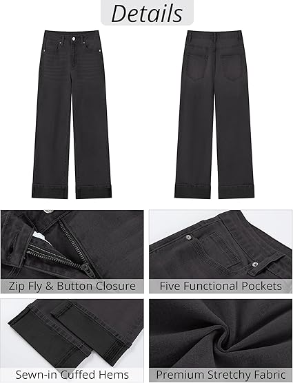 GRAPENT Wide Leg Jeans for Women Trendy High Waisted Cuffed Hem Stretchy Denim Trousers Pants Work Casual Jeans