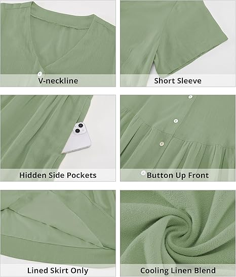 GRAPENT Linen Dresses for Women Casual Summer Babydoll Button Down Short Sleeve V Neck Above Knee Dress with Pockets