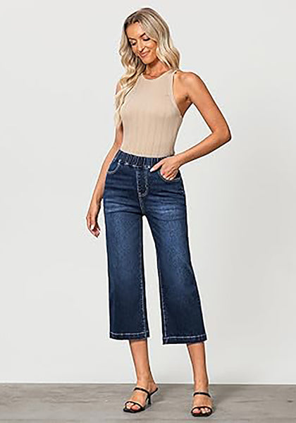 GRAPENT Capri Jeans for Women Wide Leg High Waisted Effortless Flow Pull On Stretchy Denim Elastic Waist Pants with Pockets